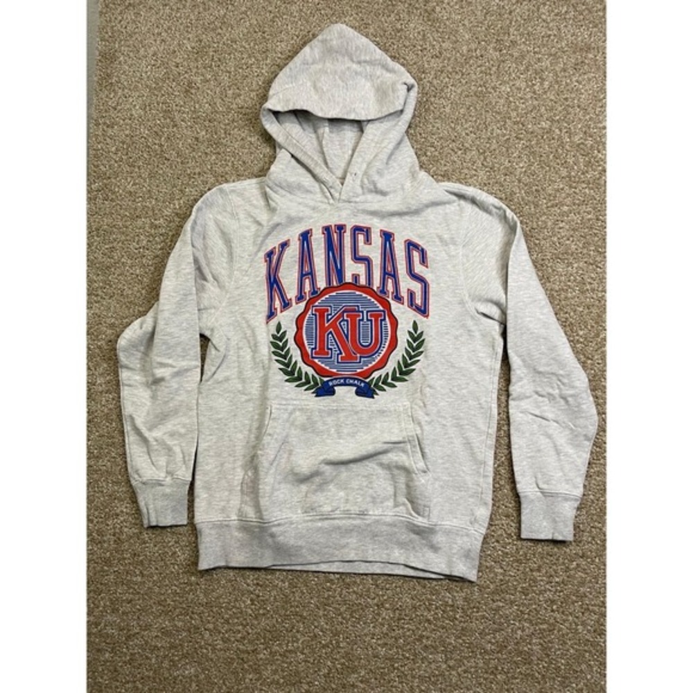 Y2K Kansas Jayhawks ROCK CHALK Campus Hoodie Sweatshirt (Men's Small) Gray